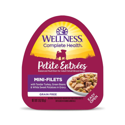 Wellness Petite Entree Mini-Filets dog food with turkey, green beans, sweet potatoes in gravy for small breeds.