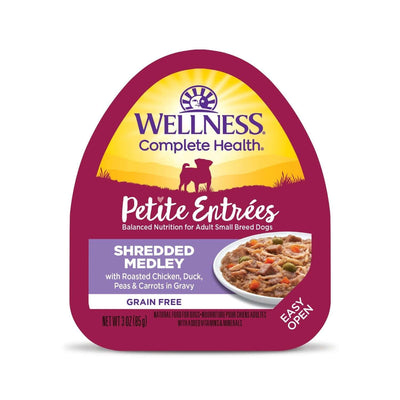 Wellness Petite Entree Shredded Medley dog food with roasted chicken, duck, peas, and carrots, 3 oz can.