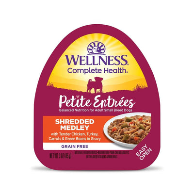 Wellness Petite Entree Shredded Medley dog food for small breeds with chicken, turkey, carrots & green beans, 3 oz.