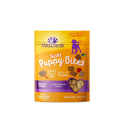 Wellness Puppy Bites bag featuring soft lamb and salmon treats, grain-free and perfect for training growing puppies.