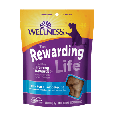 Wellness Rewarding Life Chicken & Lamb Dog Training Treats, soft and chewy, made with real chicken and lamb, for dogs.