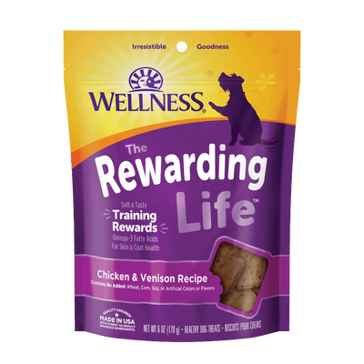 Wellness Rewarding Life Chicken & Venison dog training treats, soft and chewy, natural ingredients, perfect for rewarding dogs.