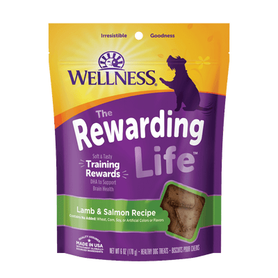 Wellness Rewarding Life Lamb & Salmon Dog Training Treats packaging with soft, chewy treats for dogs.