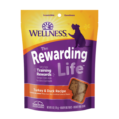 Wellness Rewarding Life Turkey & Duck dog training treats in a vibrant package, highlighting natural ingredients and delicious flavors.