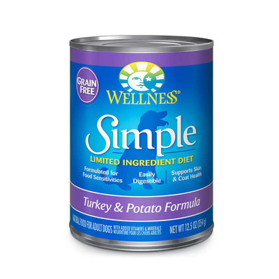 Wellness Simple Turkey & Potato Grain-Free Dog Wet Food can, 12.5 oz, formulated for food sensitivities and healthy digestion.
