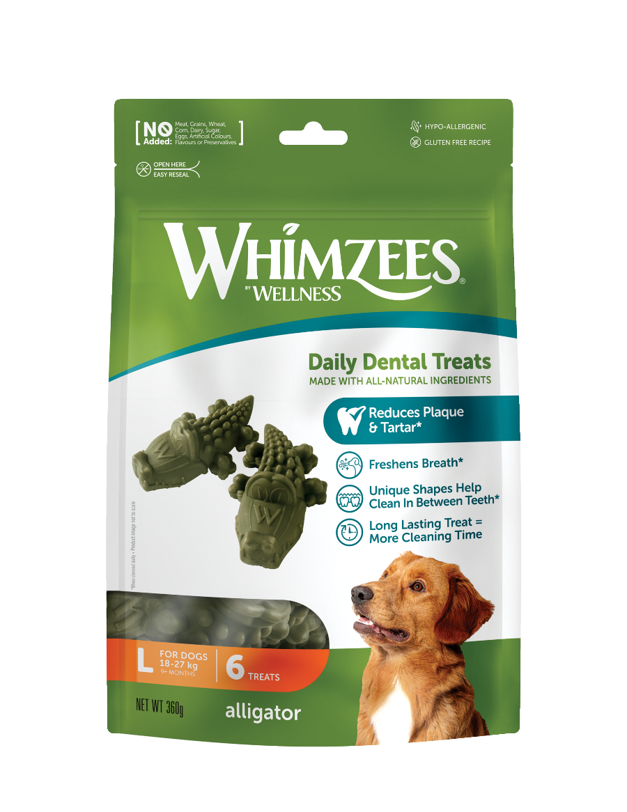 Whimzees Alligator vegetarian dental chew treats for dogs' oral health