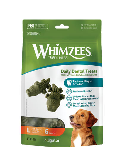 Whimzees Alligator vegetarian dental chew treats for dogs' oral health