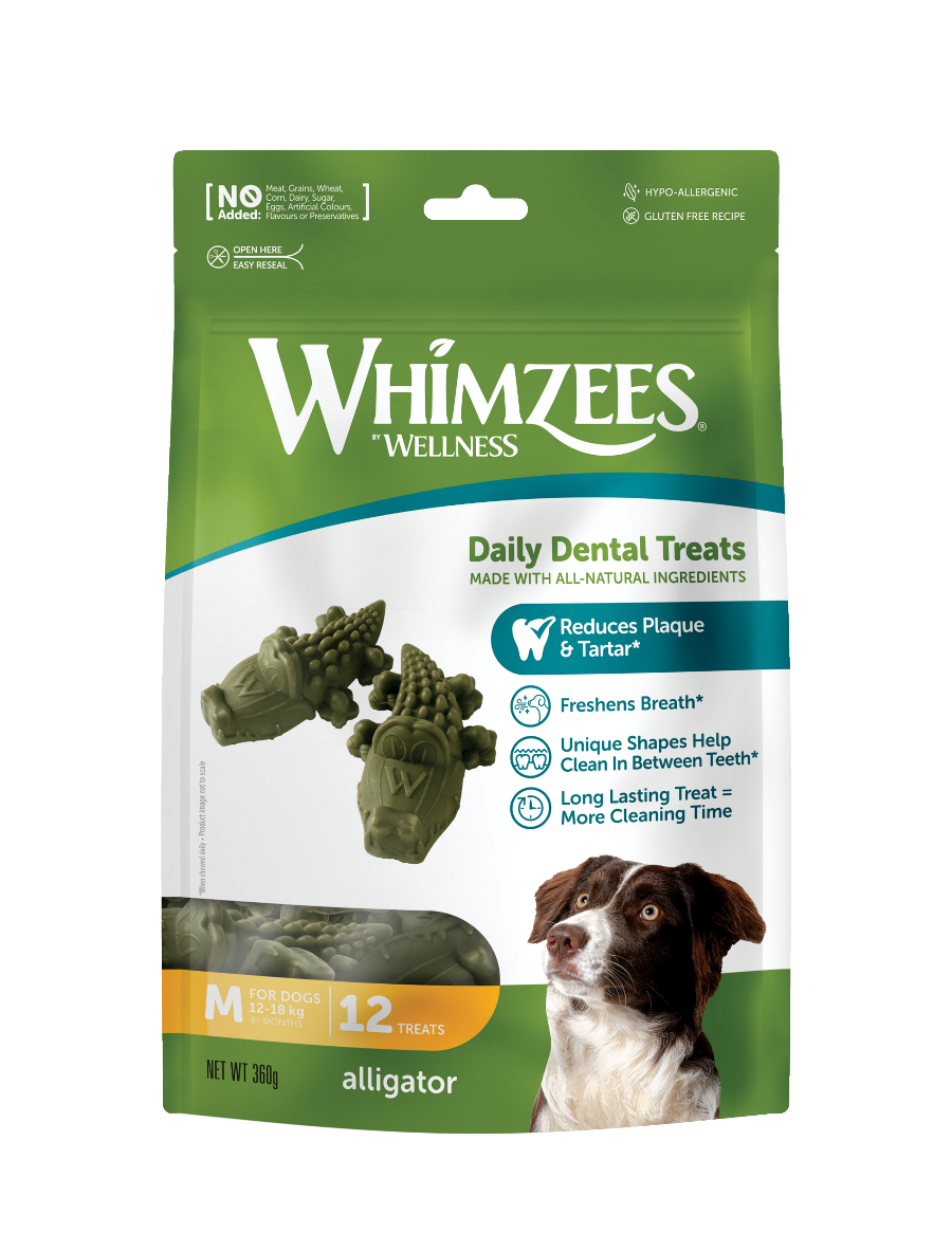 Whimzees Alligator vegetarian dental chew treats for dogs' oral health