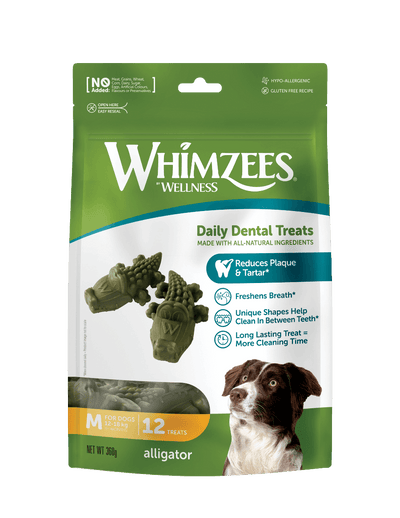 Whimzees Alligator vegetarian dental chew treats for dogs' oral health