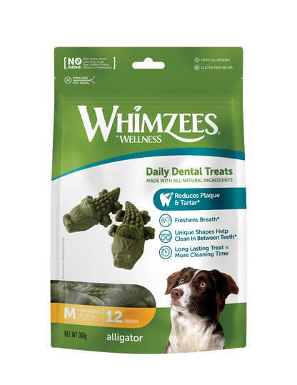 Whimzees Alligator vegetarian dental chew treats for dogs' oral health