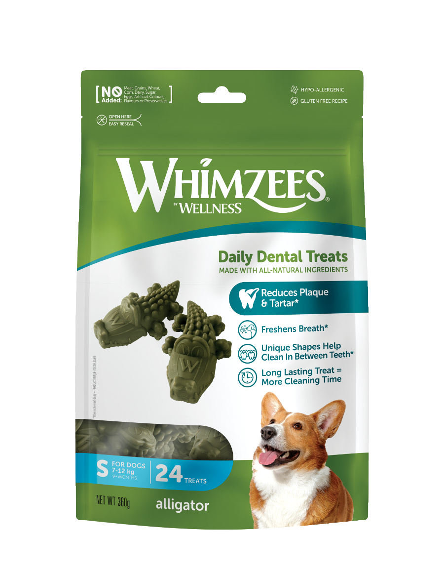 Whimzees Alligator vegetarian dental chew treats for dogs' oral health