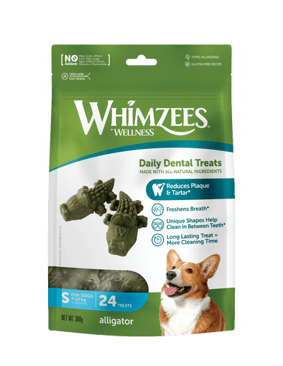Whimzees Alligator vegetarian dental chew treats for dogs' oral health