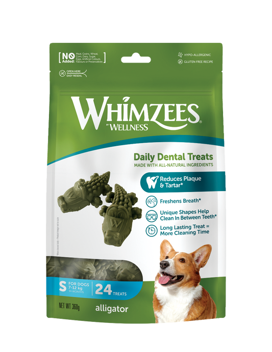 Whimzees Alligator vegetarian dental chew treats for dogs' oral health