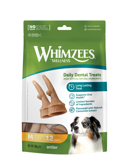 Whimzees Antler vegetarian dental chew treats for dogs' oral health