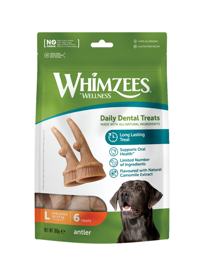 Whimzees Antler vegetarian dental chew treats for dogs' oral health