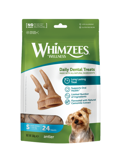 Whimzees Antler vegetarian dental chew treats for dogs' oral health