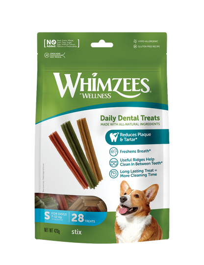 Whimzees Stix vegetarian dental chew treats for dogs' oral health