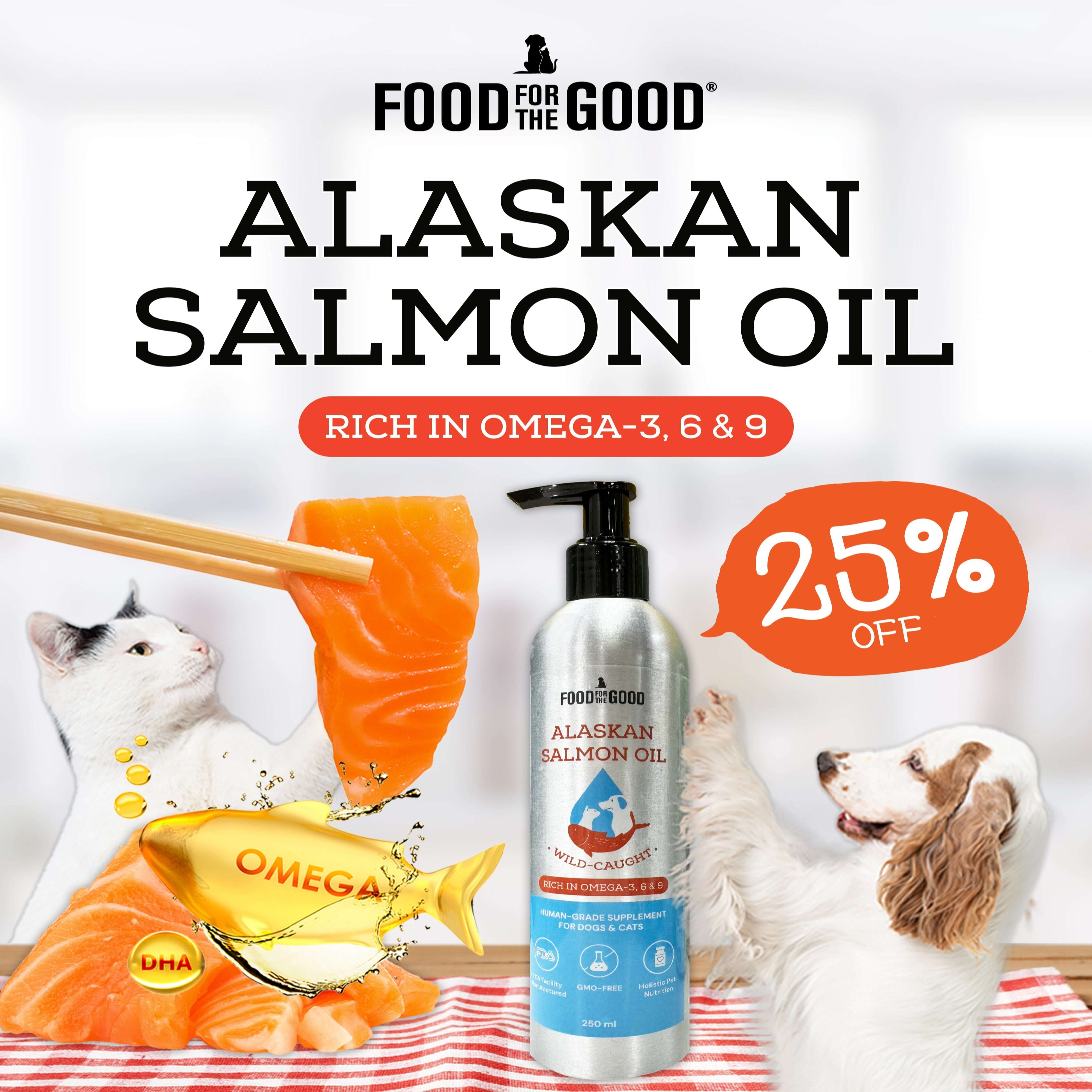 Advertisement for Alaskan Salmon Oil with a bottle, salmon, and pets on a white background.