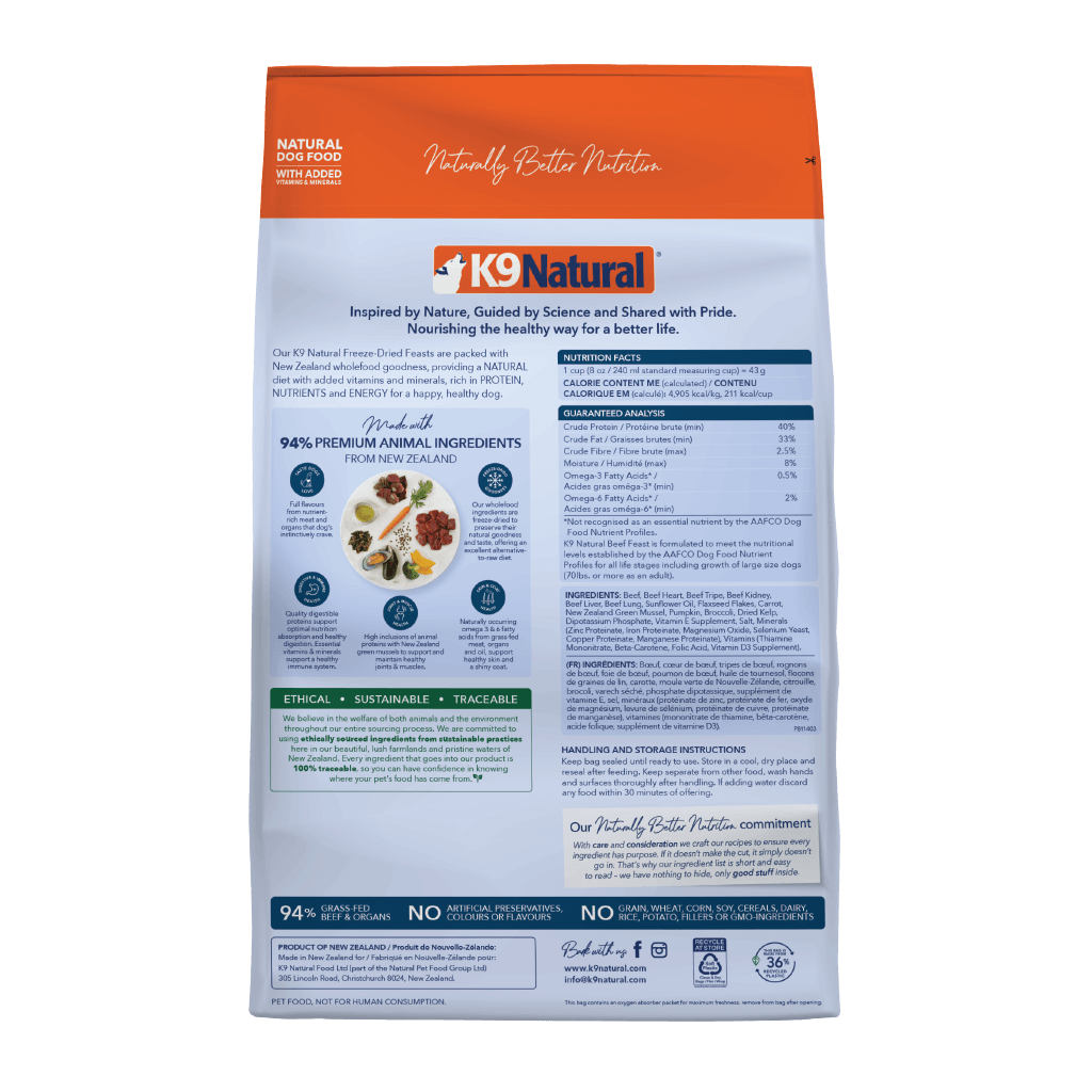 K9 Natural Freeze Dried Beef Feast dog food packaging back view, highlighting premium ingredients and nutrition facts.