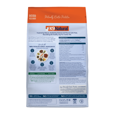 K9 Natural Freeze Dried Beef Feast dog food packaging back view, highlighting premium ingredients and nutrition facts.