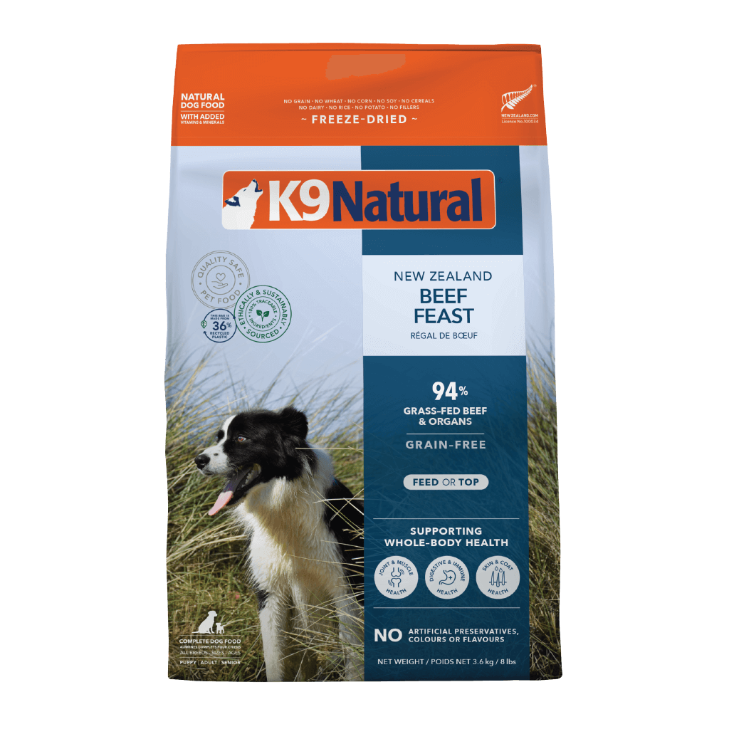 K9 Natural Freeze Dried Beef Feast dog food package featuring grass-fed beef and organs, promoting whole-body health.