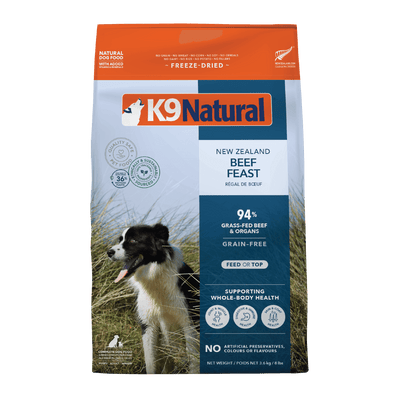 K9 Natural Freeze Dried Beef Feast dog food package featuring grass-fed beef and organs, promoting whole-body health.