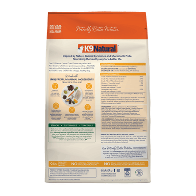 K9 Natural Freeze Dried Chicken Feast dry dog food packaging with nutrient details and premium ingredients.