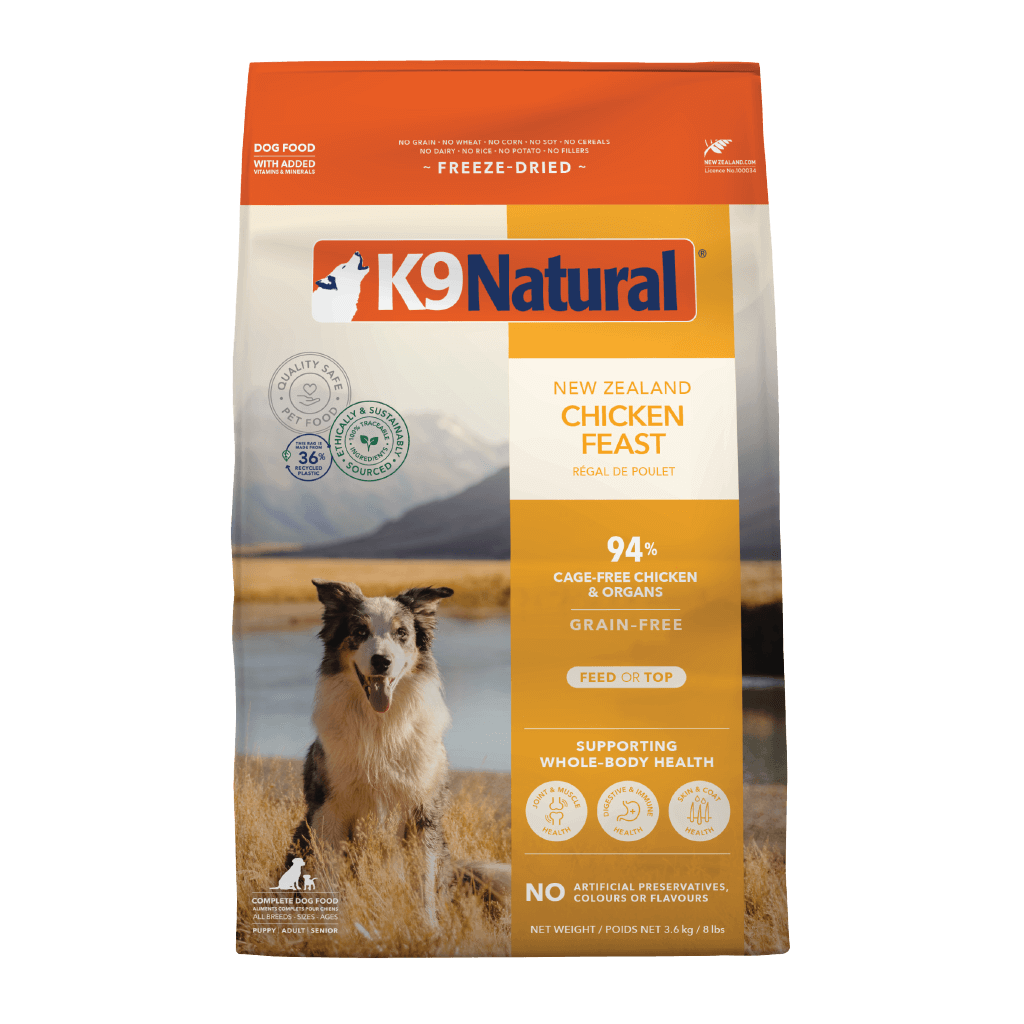 K9 Natural Freeze Dried Chicken Feast dog food bag featuring cage-free chicken and whole-body health support.