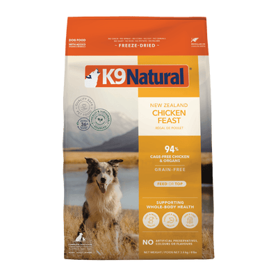 K9 Natural Freeze Dried Chicken Feast dog food bag featuring cage-free chicken and whole-body health support.