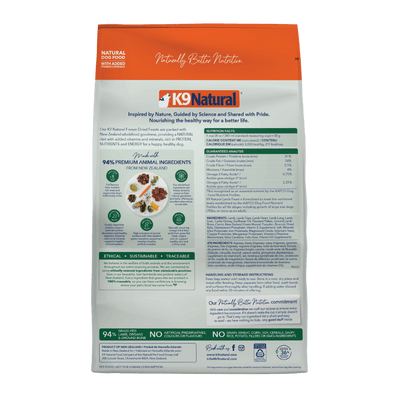 K9 Natural Freeze Dried Lamb Feast dry dog food packaging showcasing premium ingredients and nutritional benefits.