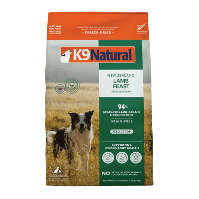 K9 Natural Freeze-Dried Lamb Feast Dog Food bag with grass-fed lamb, supporting whole-body health.