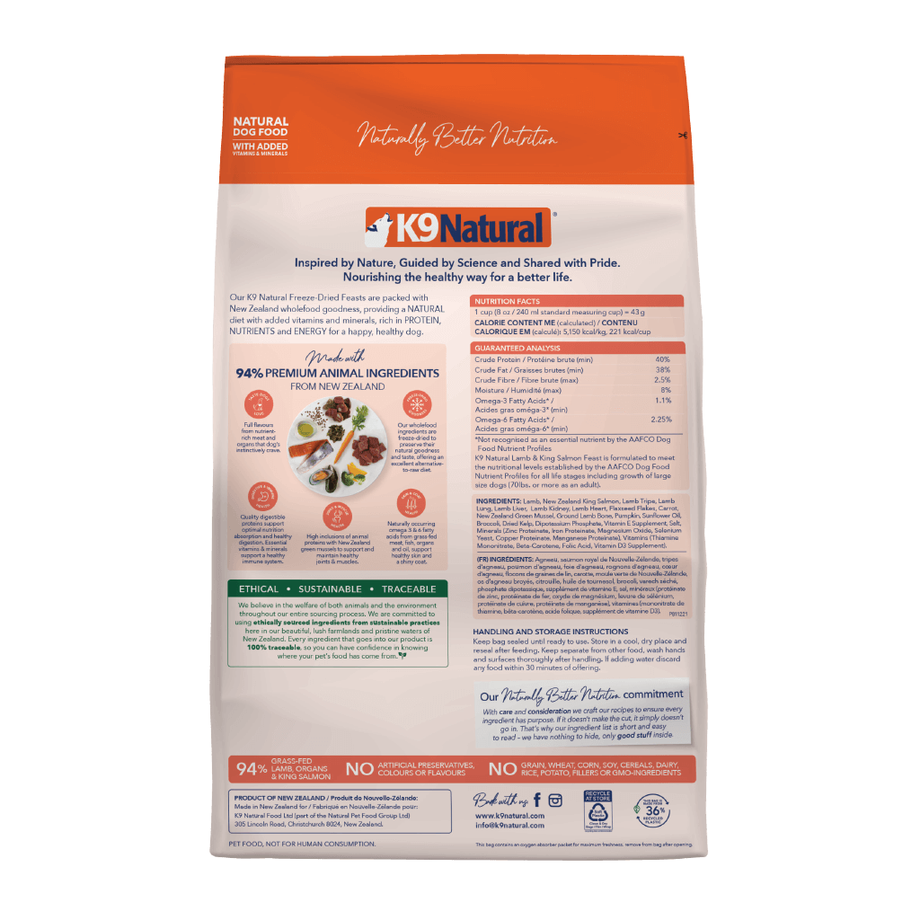 K9 Natural Freeze Dried Lamb & King Salmon Feast dry dog food packaging showcasing premium NZ ingredients.