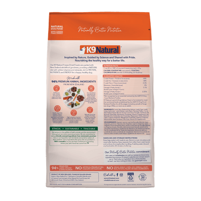 K9 Natural Freeze Dried Lamb & King Salmon Feast dry dog food packaging showcasing premium NZ ingredients.