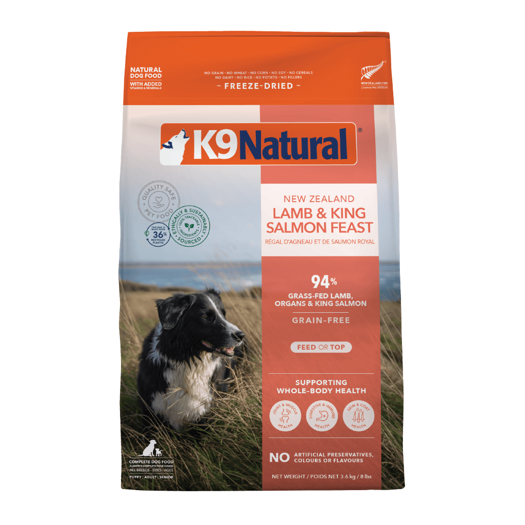 K9 Natural Freeze Dried Lamb & King Salmon Feast Dog Food bag featuring premium ingredients and grain-free formulation.