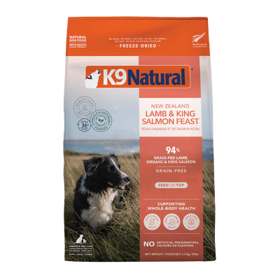 K9 Natural Freeze Dried Lamb & King Salmon Feast Dog Food bag featuring premium ingredients and grain-free formulation.