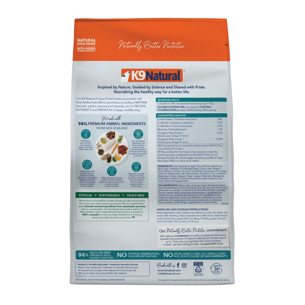 K9 Natural freeze-dried dog food bag featuring premium hoki and beef ingredients label with nutritional information.