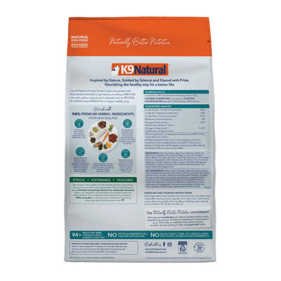 K9 Natural freeze-dried dog food bag featuring premium hoki and beef ingredients label with nutritional information.