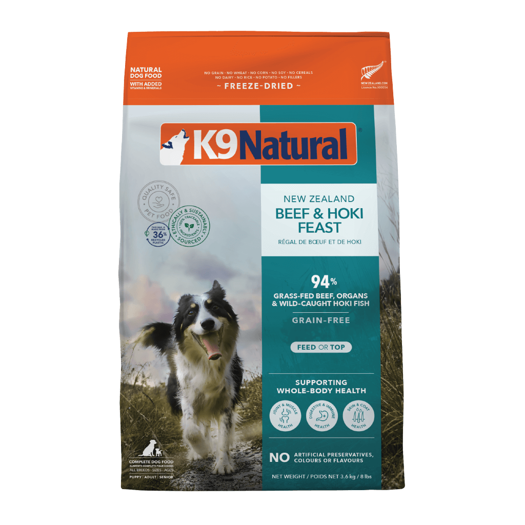 K9 Natural Freeze-Dried Beef & Hoki Feast Dog Food, grain-free, rich in DHA for optimal puppy development.