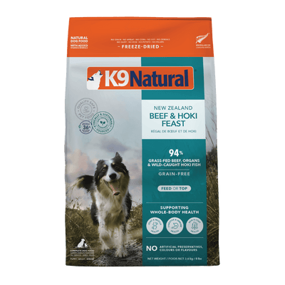 K9 Natural Freeze-Dried Beef & Hoki Feast Dog Food, grain-free, rich in DHA for optimal puppy development.
