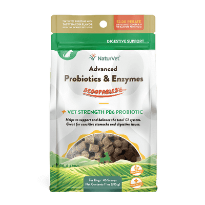 NaturVet Advanced Probiotics & Enzymes dog supplement package for digestive support, 11oz, with bacon flavor.