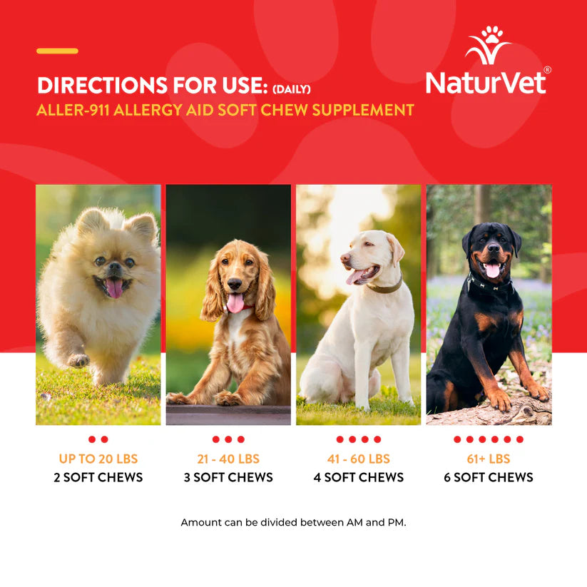 NaturVet Aller-911 Allergy Aid Soft Chew Supplement directions with images of dogs and corresponding weight ranges.