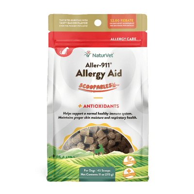 NaturVet Scoopables Aller-911 Allergy Aid dog supplement, 11oz pack, bacon flavor for allergy care and immune support.