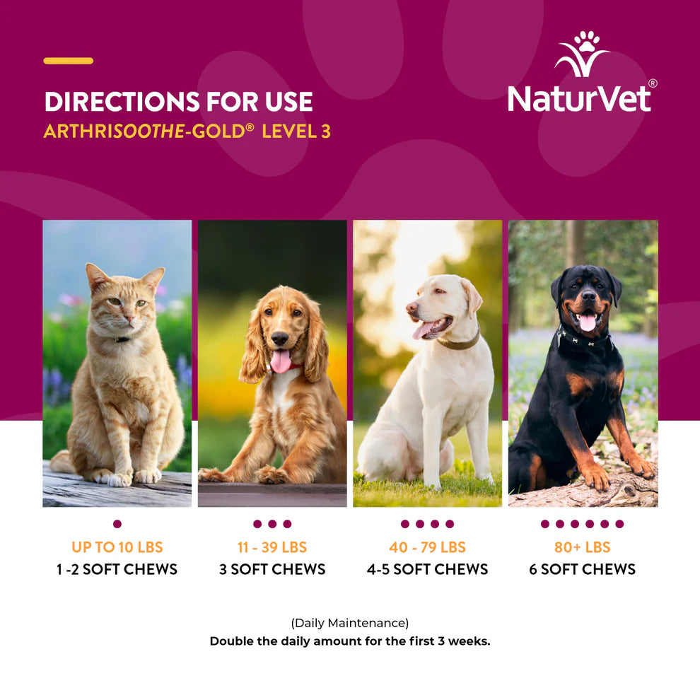 NaturVet Arthrisoothe-Gold Level 3 directions for use with images of cats and dogs on a purple background.