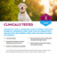 Dog standing outdoors with product information about clinical testing and benefits on a white background