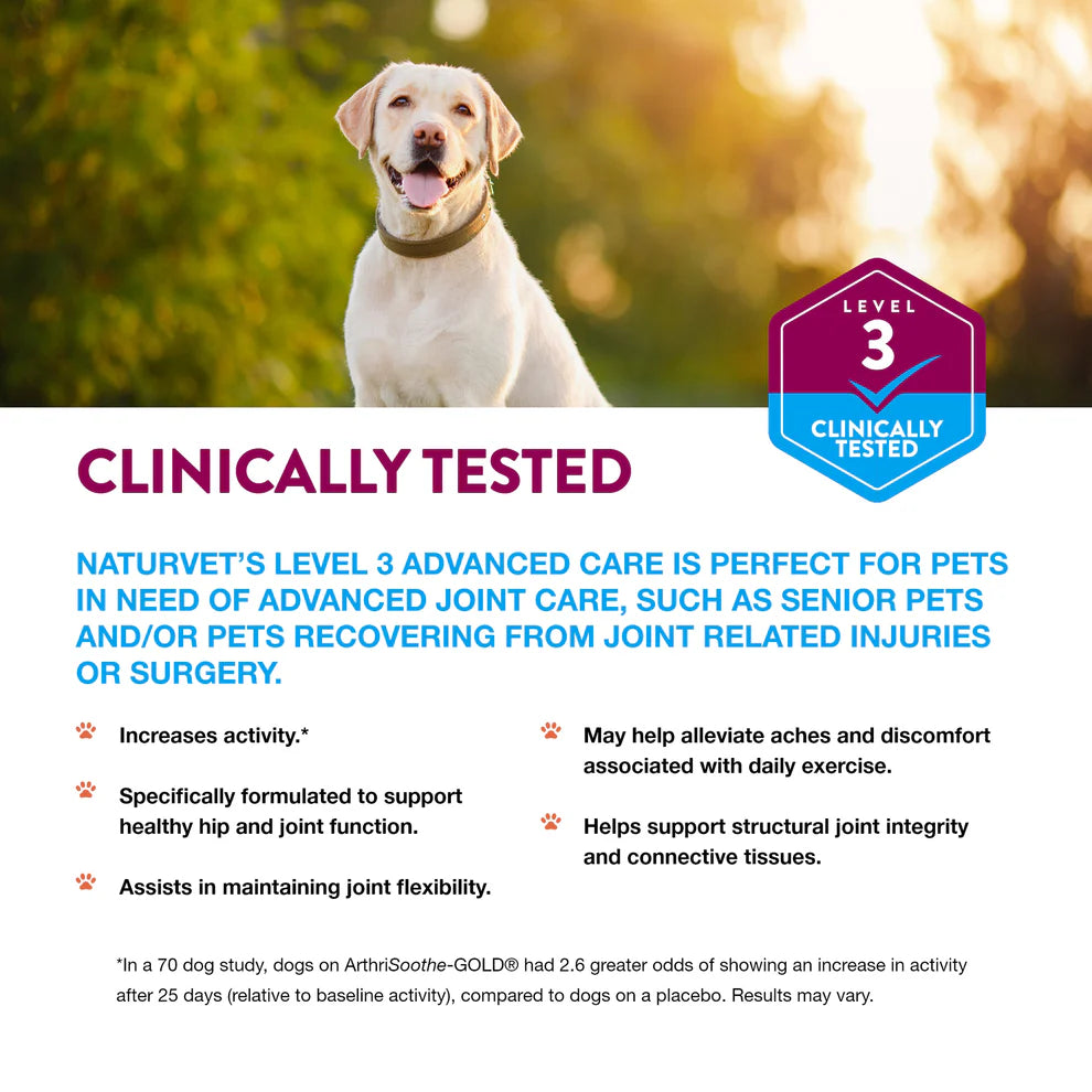 Dog standing outdoors with product information about clinical testing and benefits on a white background