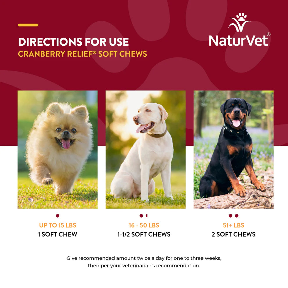 NaturVet Cranberry Relief Soft Chews directions for use with images of dogs and product quantity recommendations.
