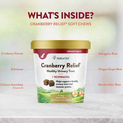 NaturVet Cranberry Relief Soft Chews packaging with ingredients listed on a light background