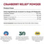 Cranberry Relief Powder product facts showing active ingredients like Cranberry Extract and Echinacea for pet health.