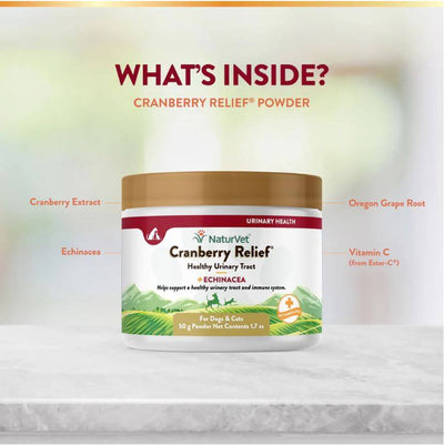 NaturVet Cranberry Relief Powder container highlighting key ingredients for dog and cat urinary health support.