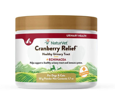 NaturVet Cranberry Relief Powder for dogs and cats, supports urinary tract health and immune function, 50g container.